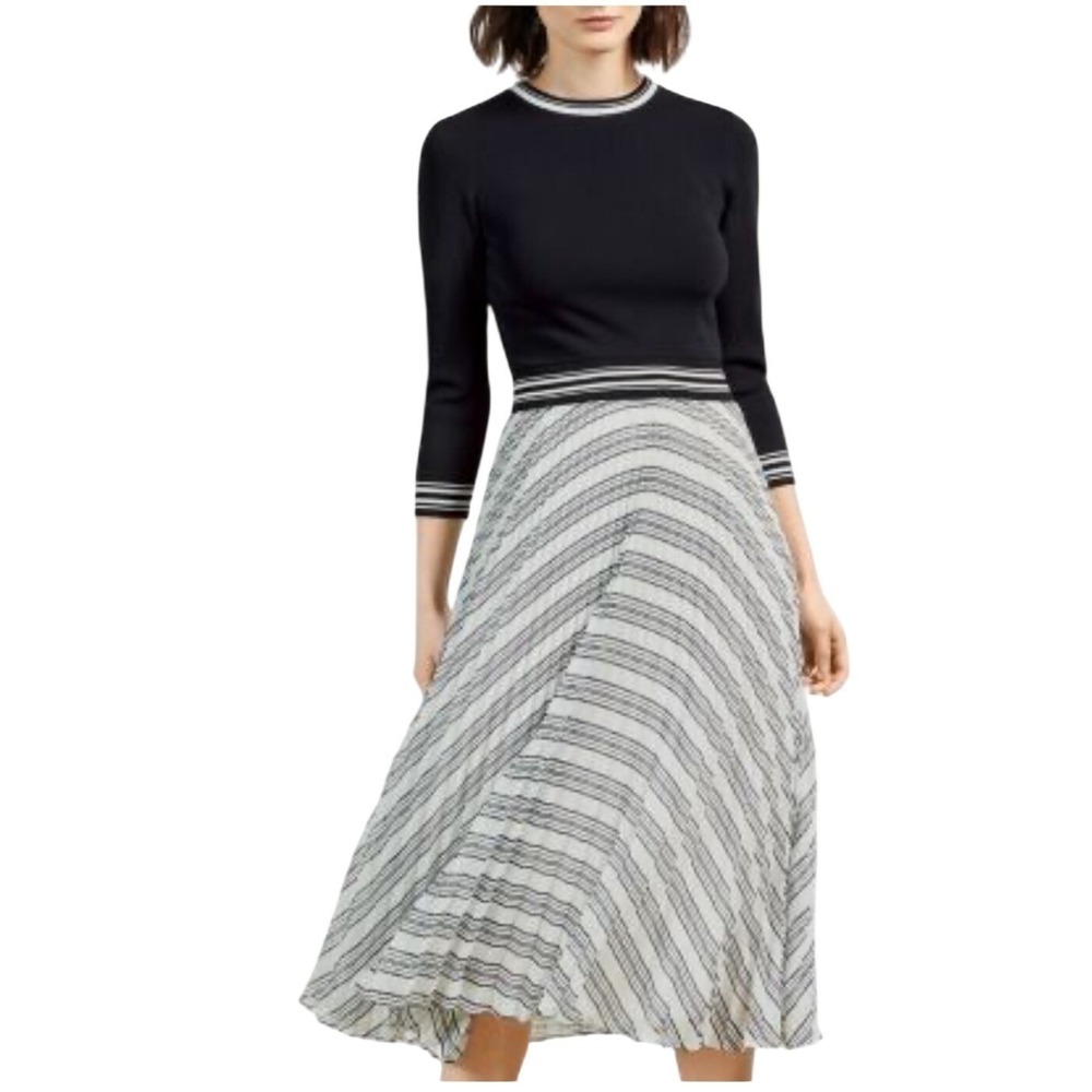 Ted Baker LANTAI Pleated Midi Dress Size 4 Navy White Striped Preppy Sporty Luxe - Picture 2 of 11